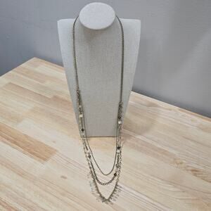 Cottagecore Feminine Layered Chain Necklace Gold Tone Pink Beaded Fringe Layer